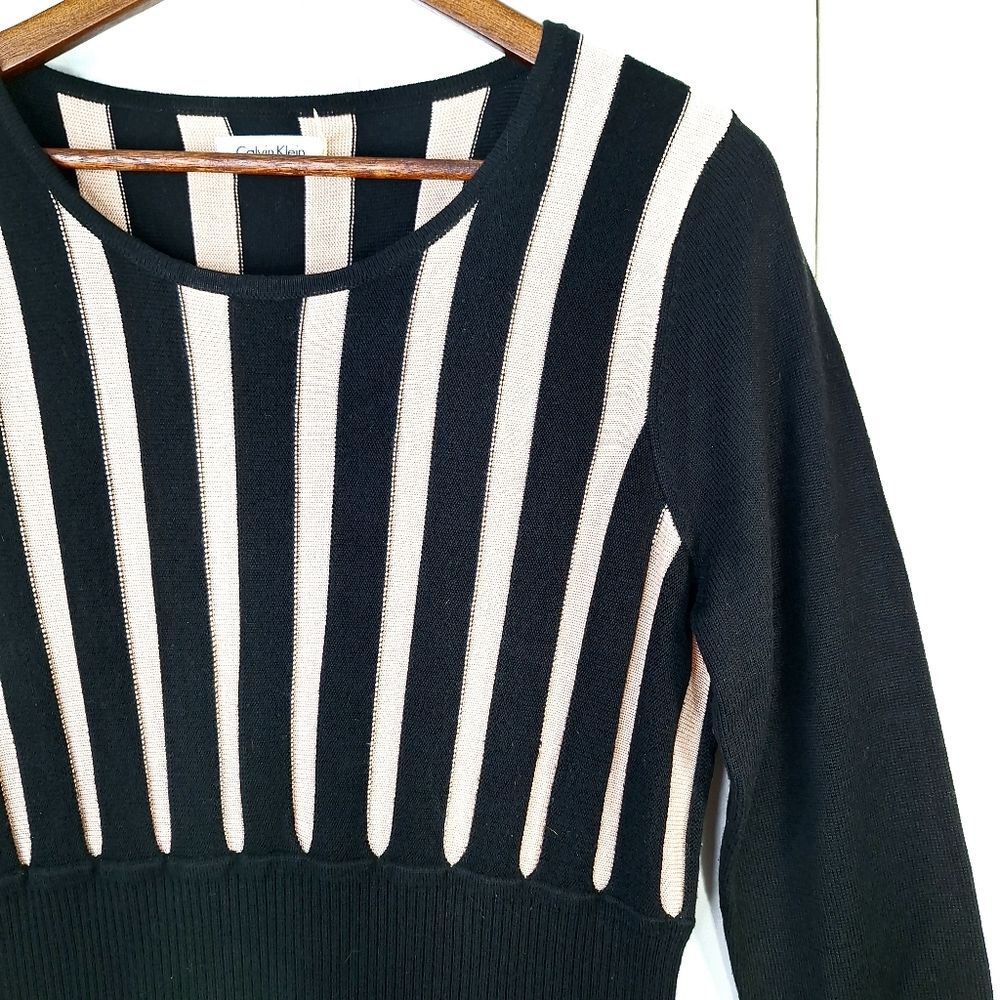 Calvin Klein Black Cream Ribbed Striped Long Sleeve Fit & Flare Knit Dress Sz L - Picture 4 of 13